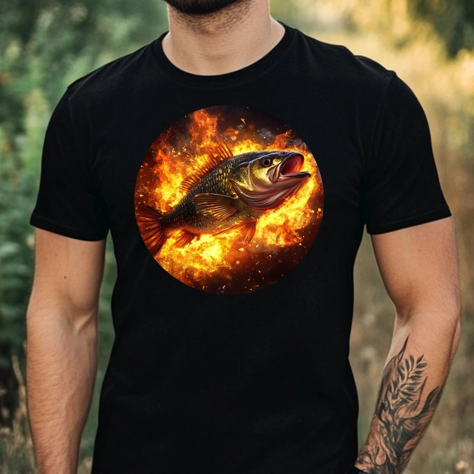 Mens Bass Fish On Fire Motif Cotton T-Shirt Size XS to 5XL