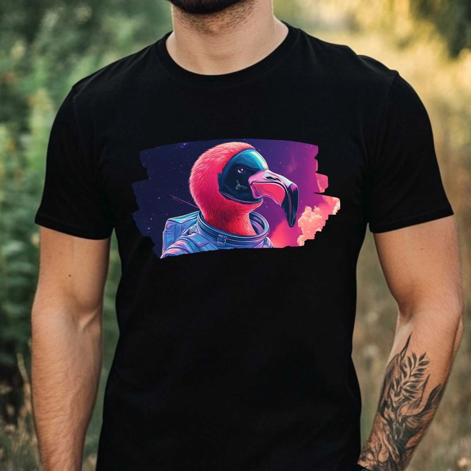 Mens Flamingo Astronaut Print Cotton T-Shirt Size XS to 5XL