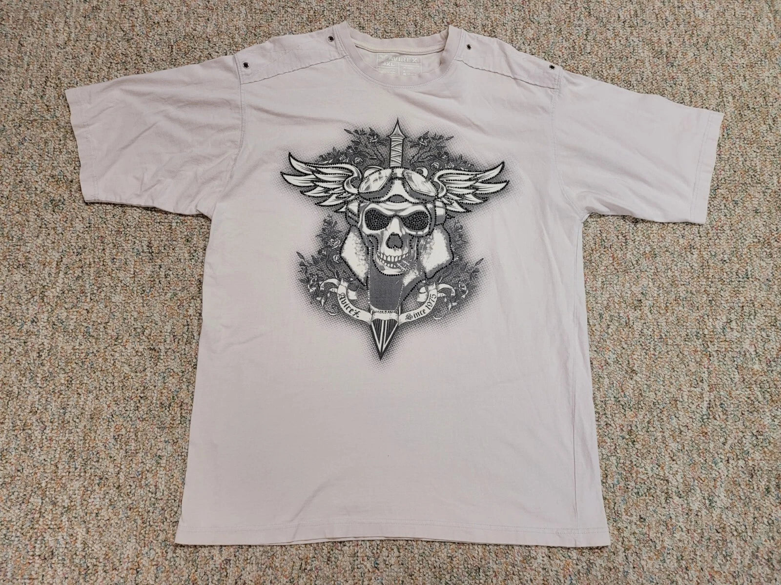 Avirex Shirt Men 3XL Off White Skull Sword Rhinestones Biker Grunge Graphic Logo