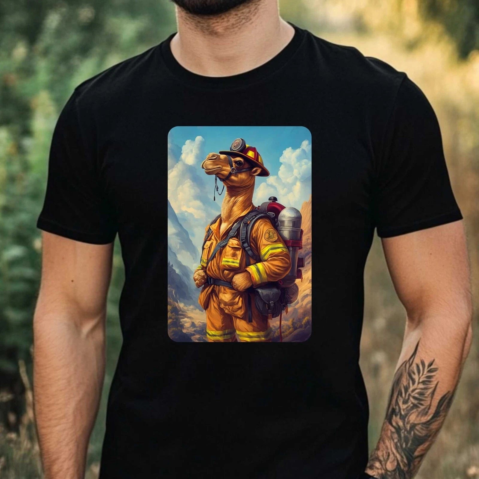 Mens Camel as Firefighter Motif Cotton T-Shirt Size XS to 5XL