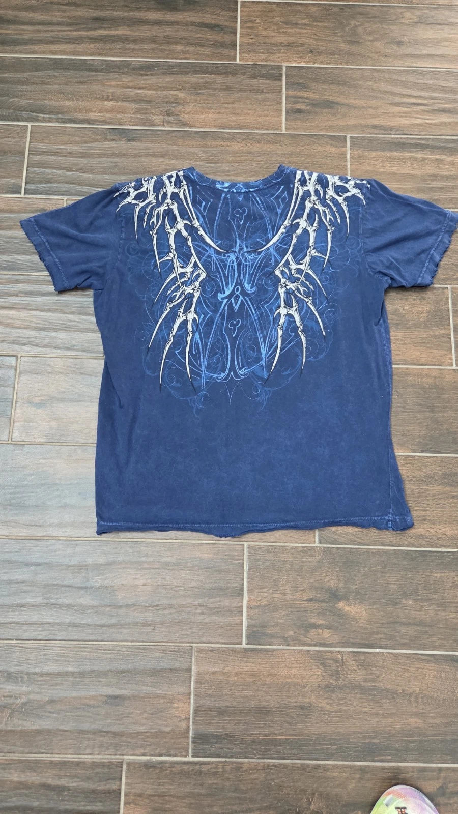 Vintage Y2K Affliction USA Skeleton Shirt Navy Distressed Wings Tribal Skull Md