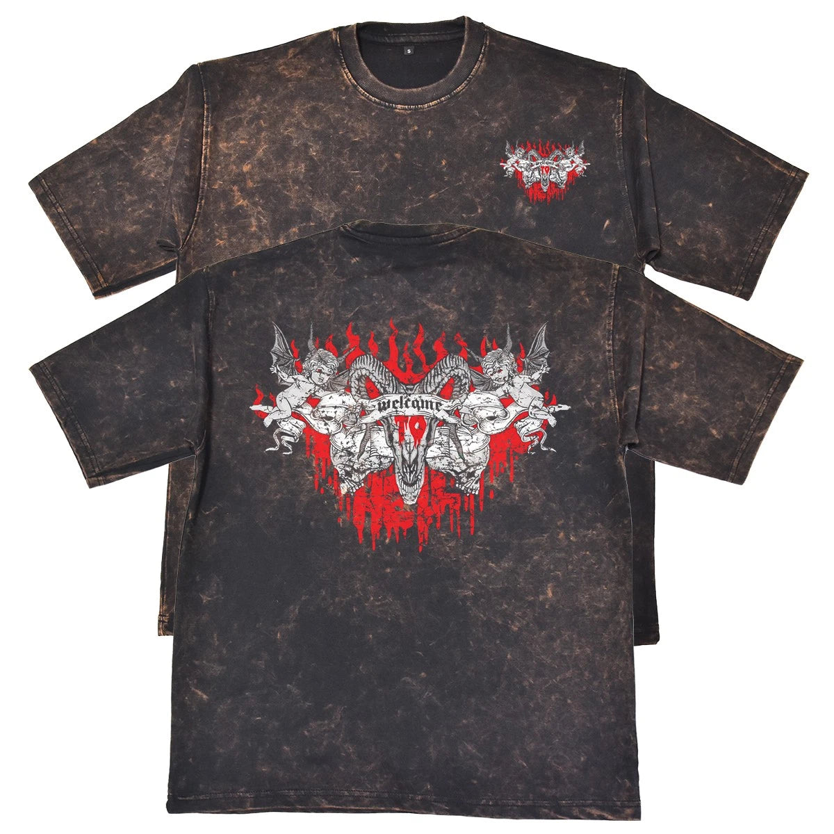 Welcome To Hell Unisex Mens Rust 240gsm French Terry Acid Wash T-Shirt Gothic