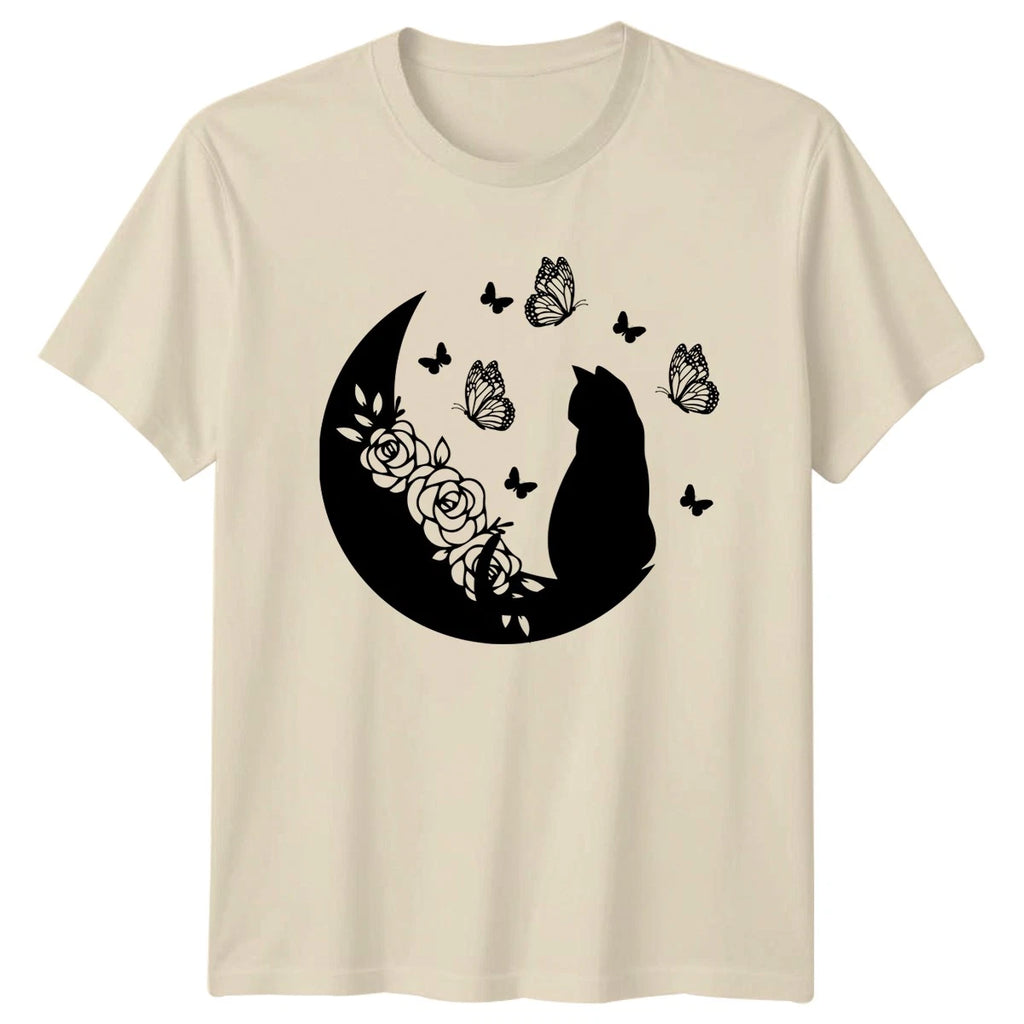 Cat On Moon With Flowers Womens T-Shirt Celestial Cat Lover
