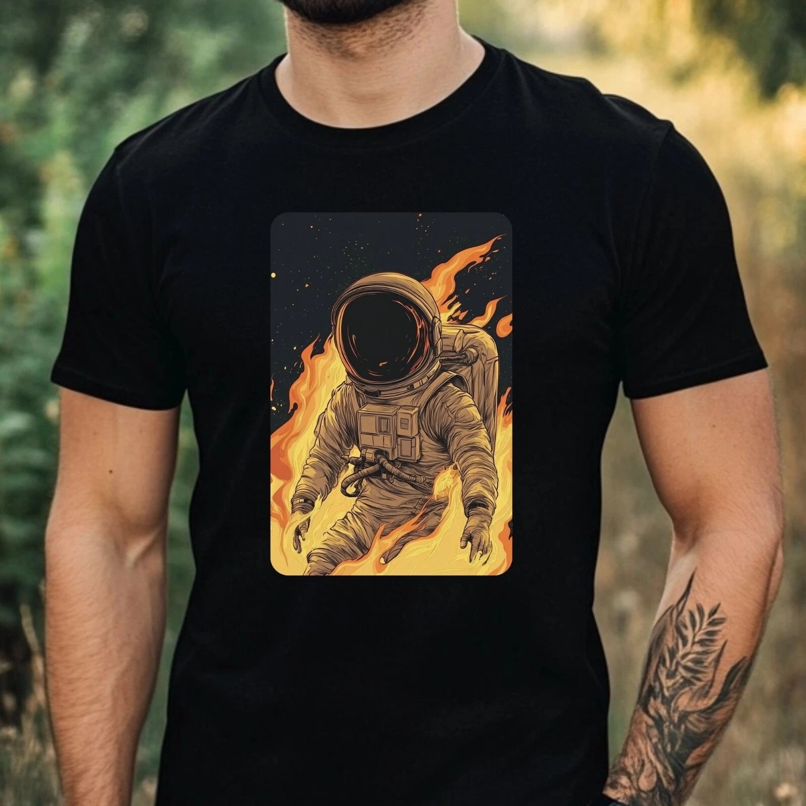 Mens Astronaut on Fire Motif Cotton T-Shirt Size XS to 5XL