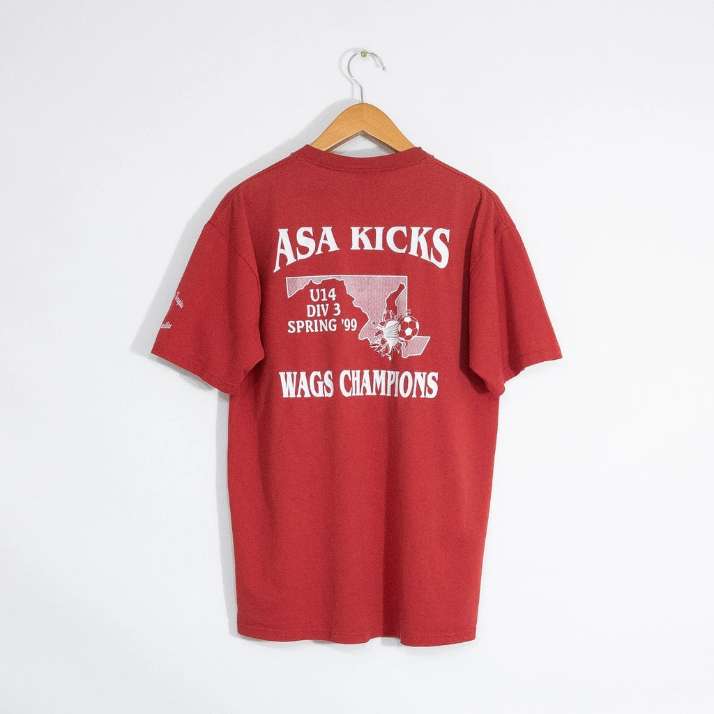 Vintage 90s ASA Kicks Wags Champions T Shirt Mens Large - Soccer Tournament Red