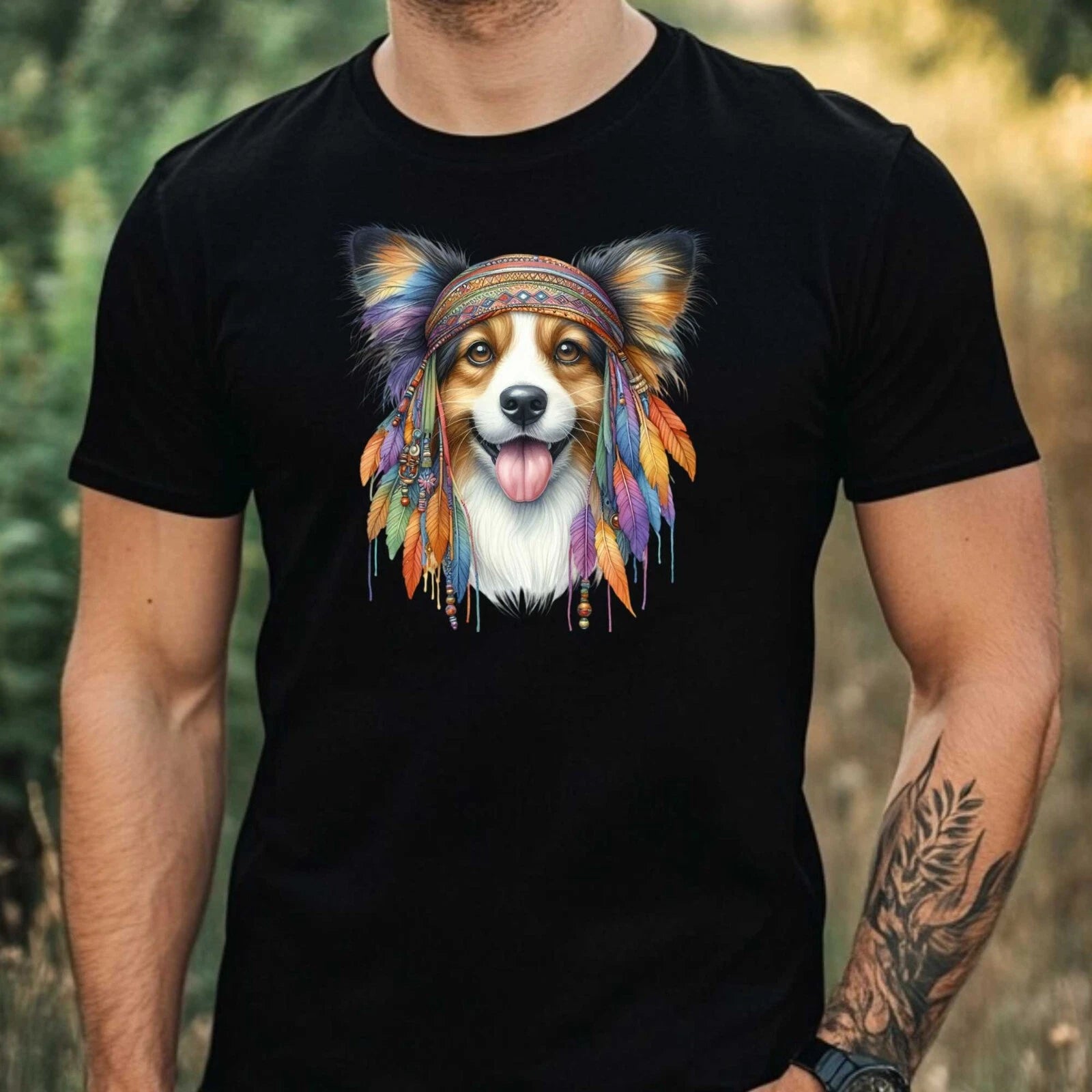 Mens Hippie Dog Print Cotton T-Shirt Size XS to 5XL