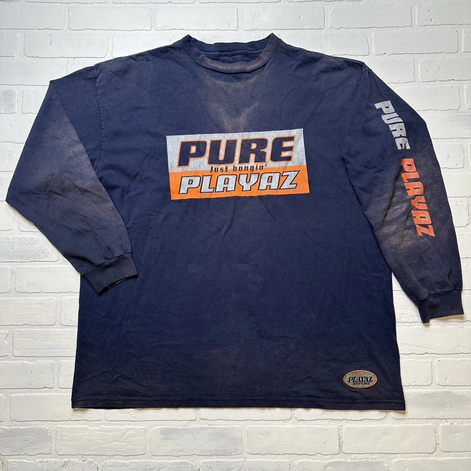 Pure Playaz Logo T-Shirt Long Sleeve Just Bangin Hip Hop 2XL VTG 90s Y2K Rap