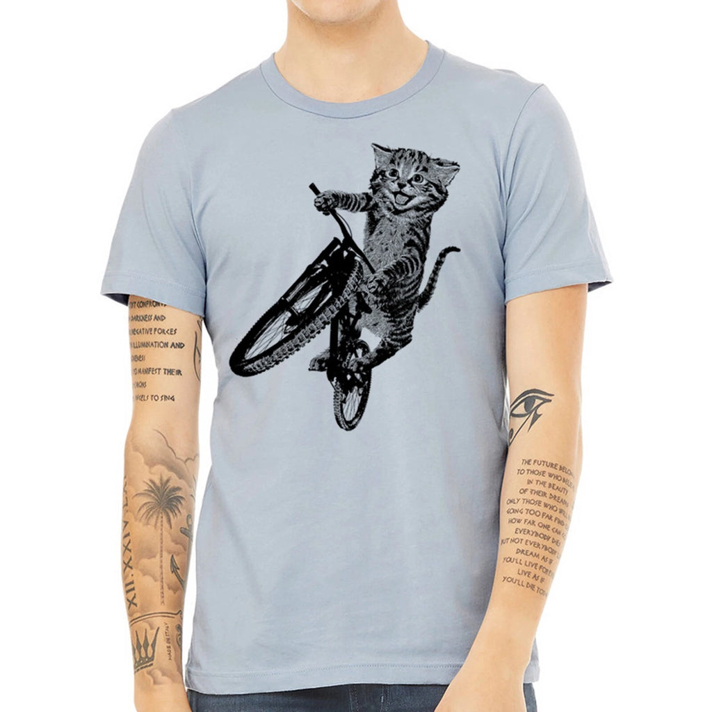 Cat Riding a Bicycle men's Tshirt- Kitten Wheelie Tee shirt- Eco Friendly