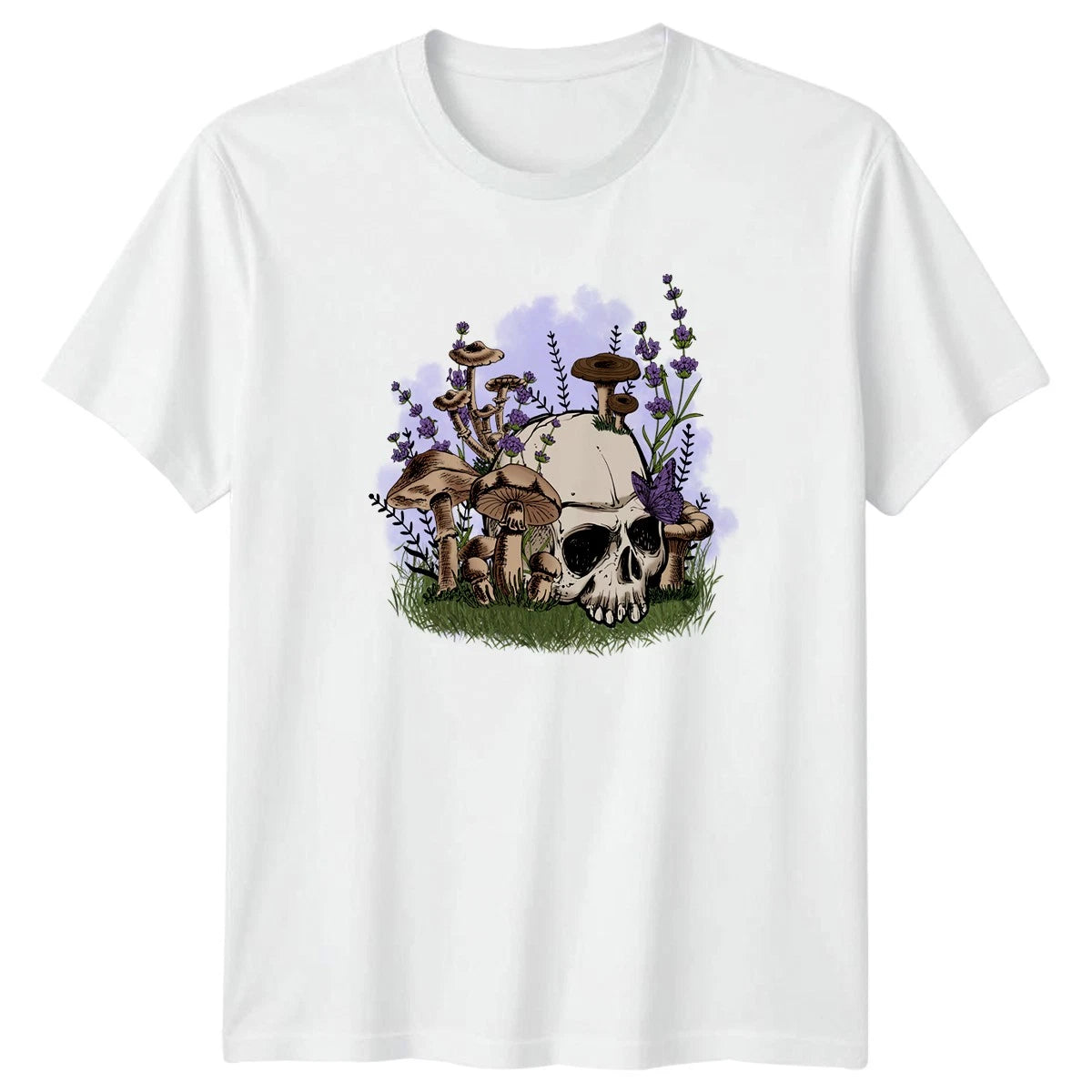 Gothic Skull Mushroom Butterfly Lavender T-Shirt Botanical Nature Art Birthday