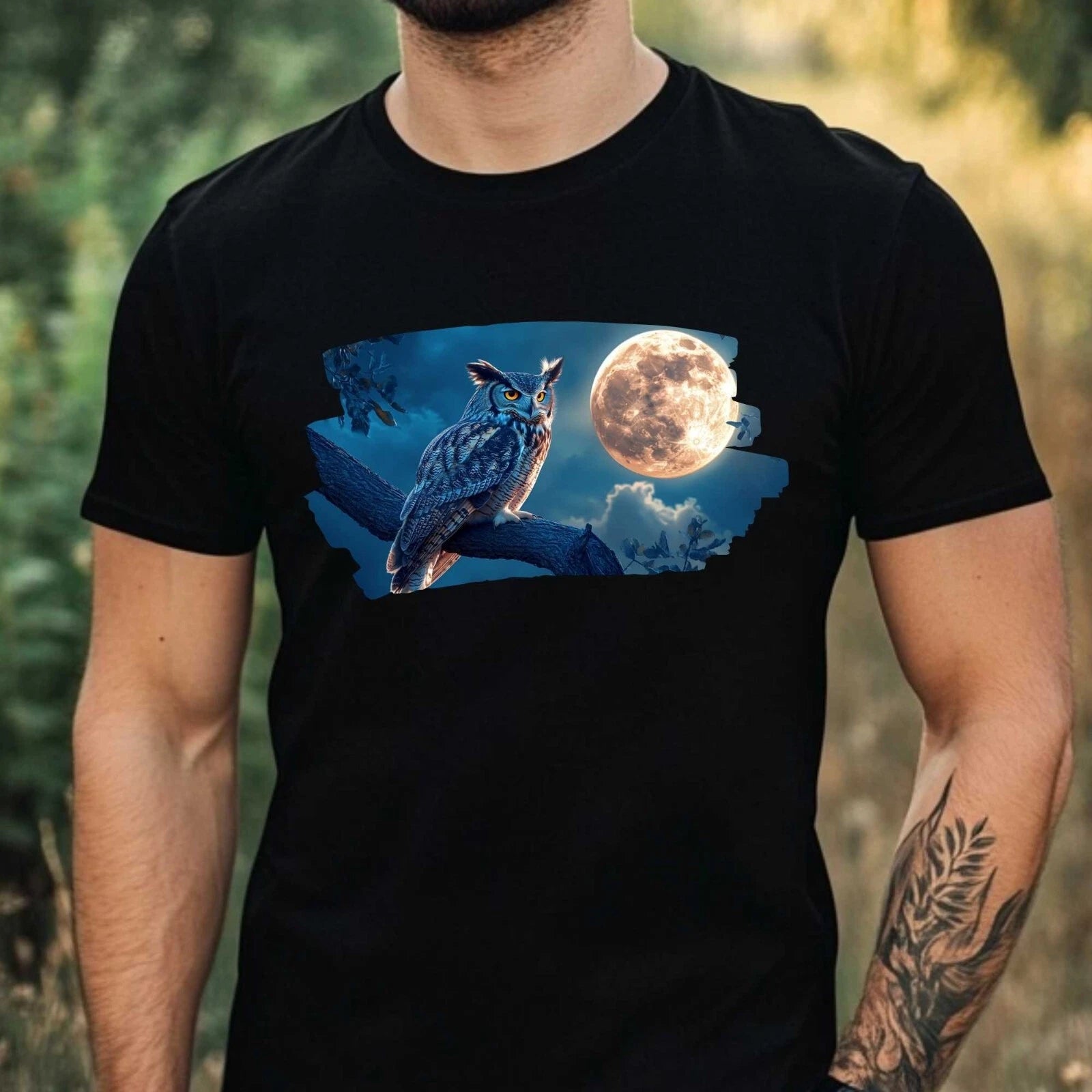 Mens Owl and Full Moon Motif Cotton T-Shirt Size XS to 5XL