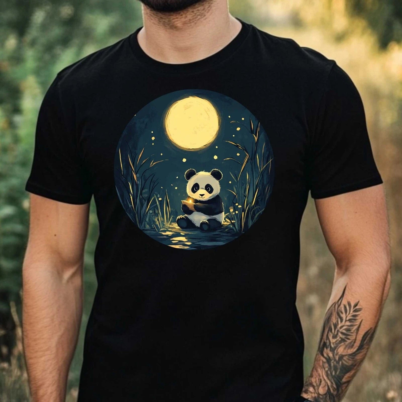 Mens Panda In The Moonlight Motif Cotton T-Shirt Size XS to 5XL