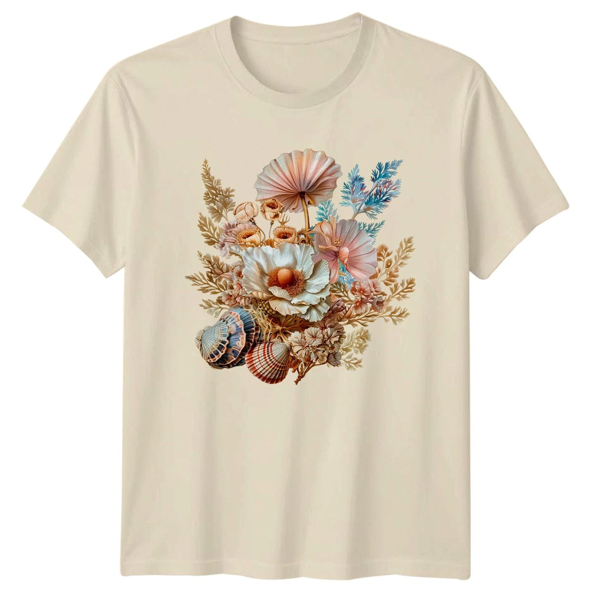 Womens Coastal Floral Seashell T-Shirt Boho Beach Decor Gift For Her