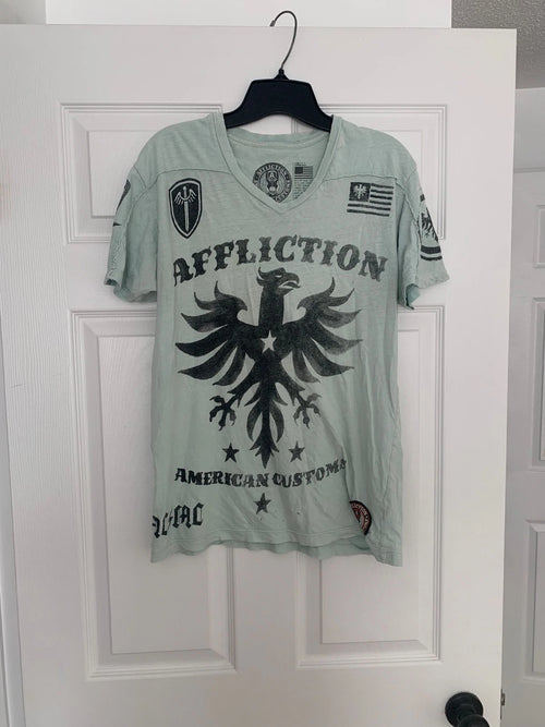Affliction American Customs T-Shirt Small Faded Mint Green Distressed Tee