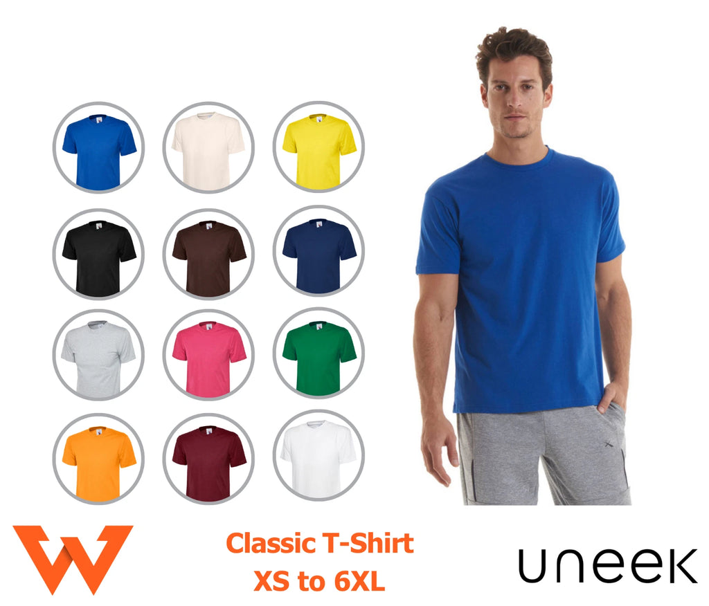 Uneek Men's Work Classic Cotton T-Shirt Crew Neck Size XS to 6XL