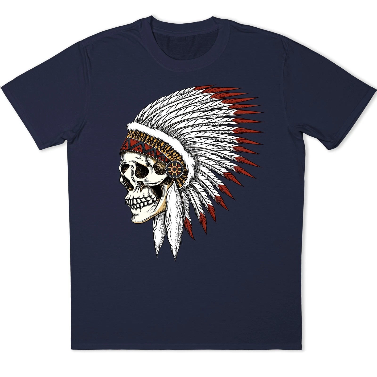 Native American Indian T-Shirt Skull Chief Feather Headdress Tribal Warrior Tee