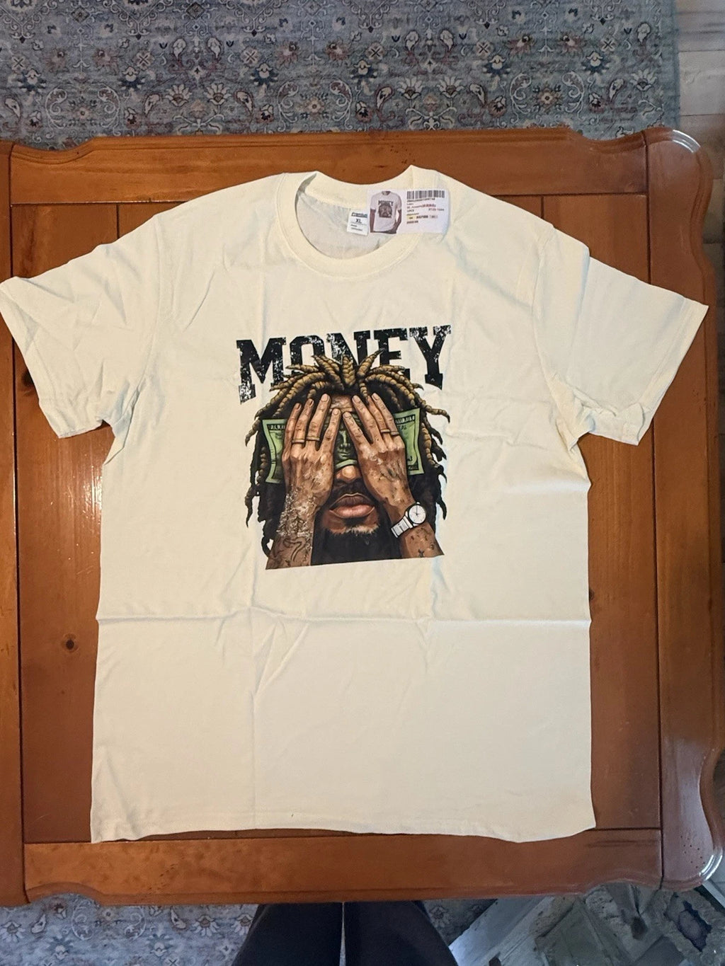 Premium Men’s Graphic T-Shirt XL Cream Money Print Dreadlocks Hip-Hop Style NWOT