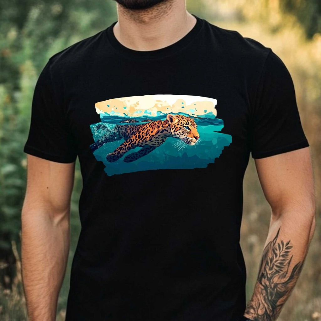 Mens Leopard Swim In Ocean Motif Cotton T-Shirt Size XS to 5XL