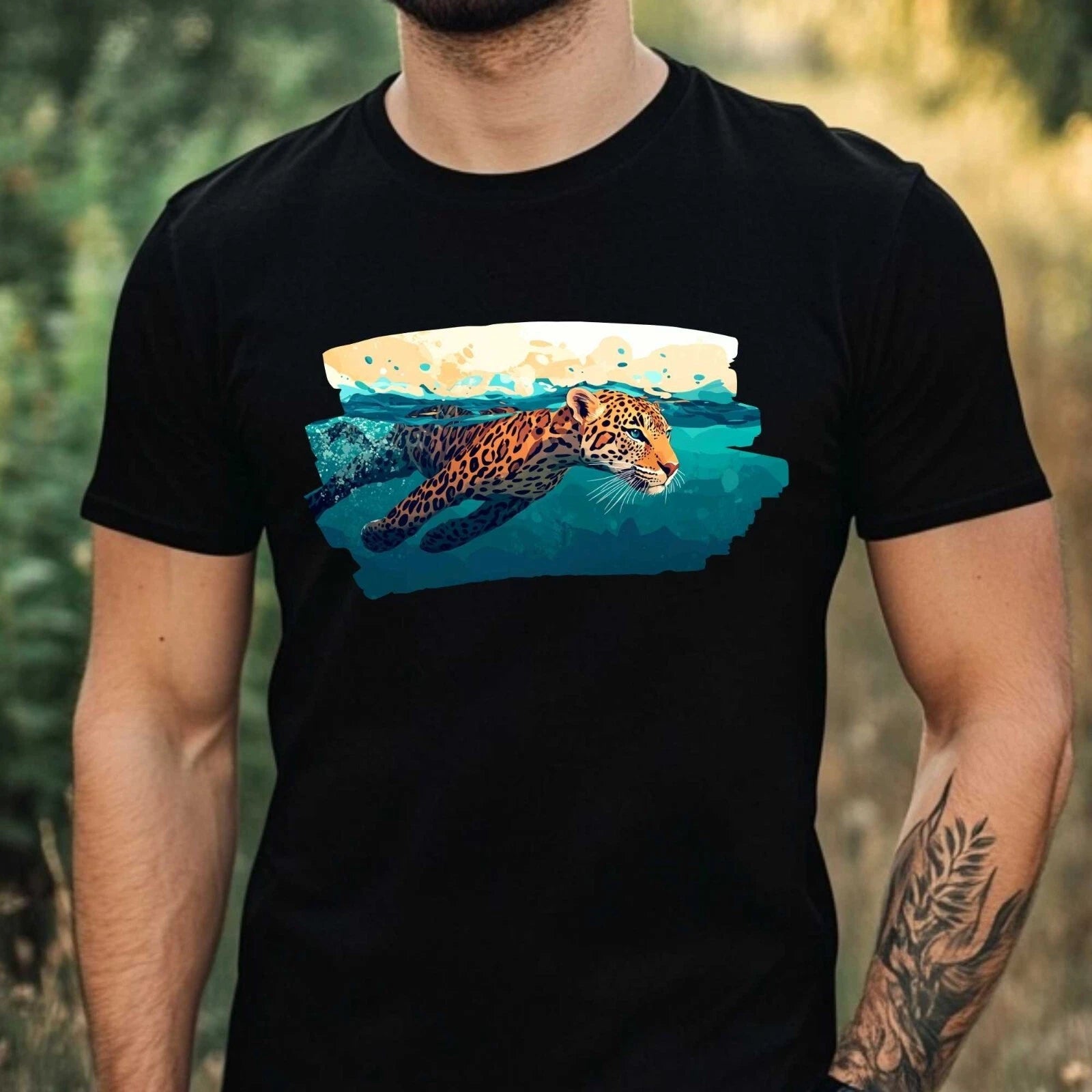 Mens Leopard Swim In Ocean Motif Cotton T-Shirt Size XS to 5XL
