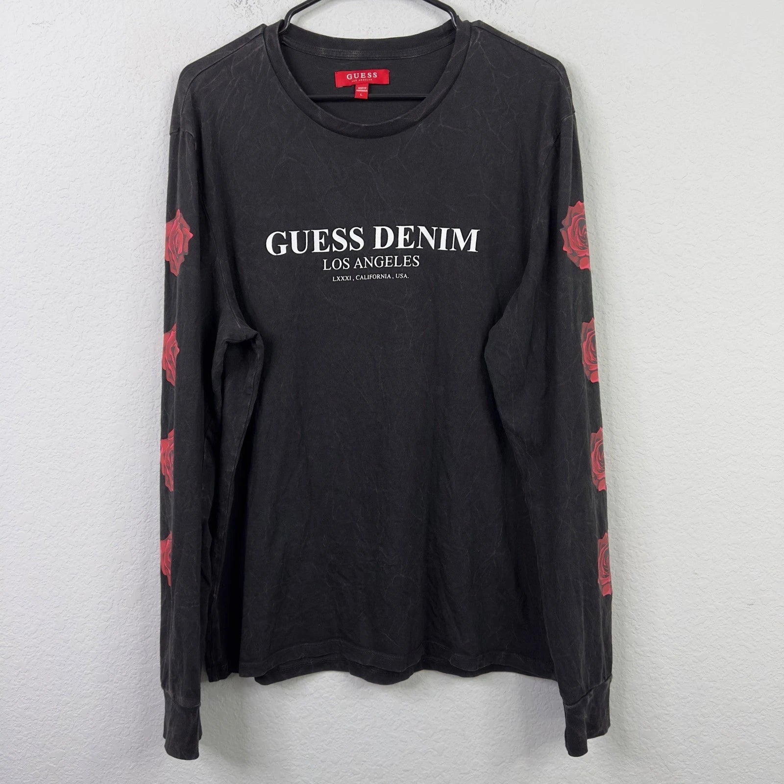 Guess T-Shirt Mens L Black Rose Graphic Long Sleeve Streetwear Y2K 90s Grunge