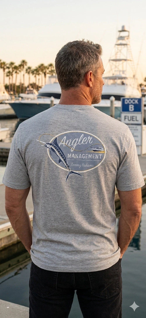 $45 TOMMY BAHAMA Heather Grey ANGLER MANAGEMENT Relaxed Fit Short Sleeve T-shirt