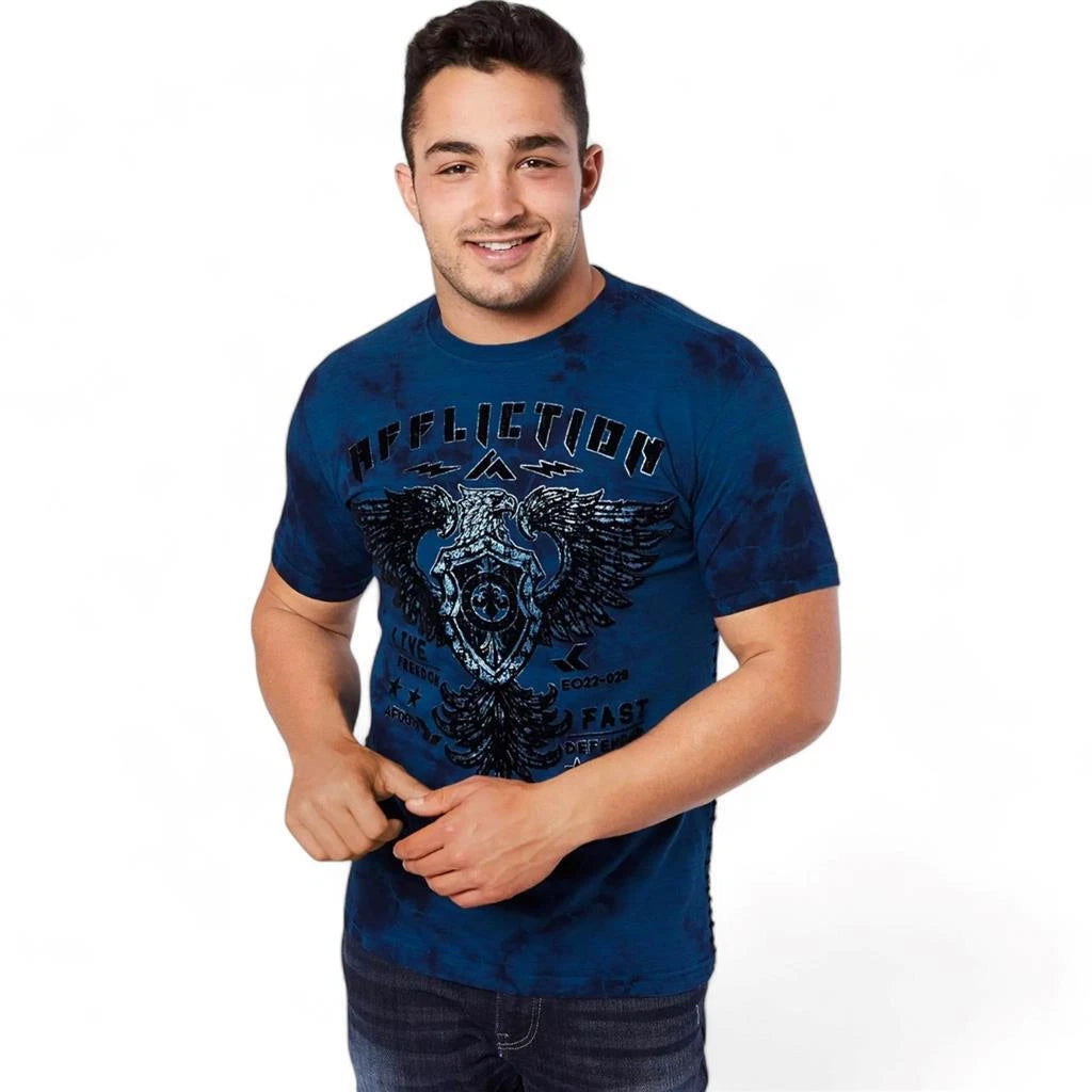 Men's Affliction Standing Value Navy Blue Crystal Wash Premium Y2K T-Shirt Large