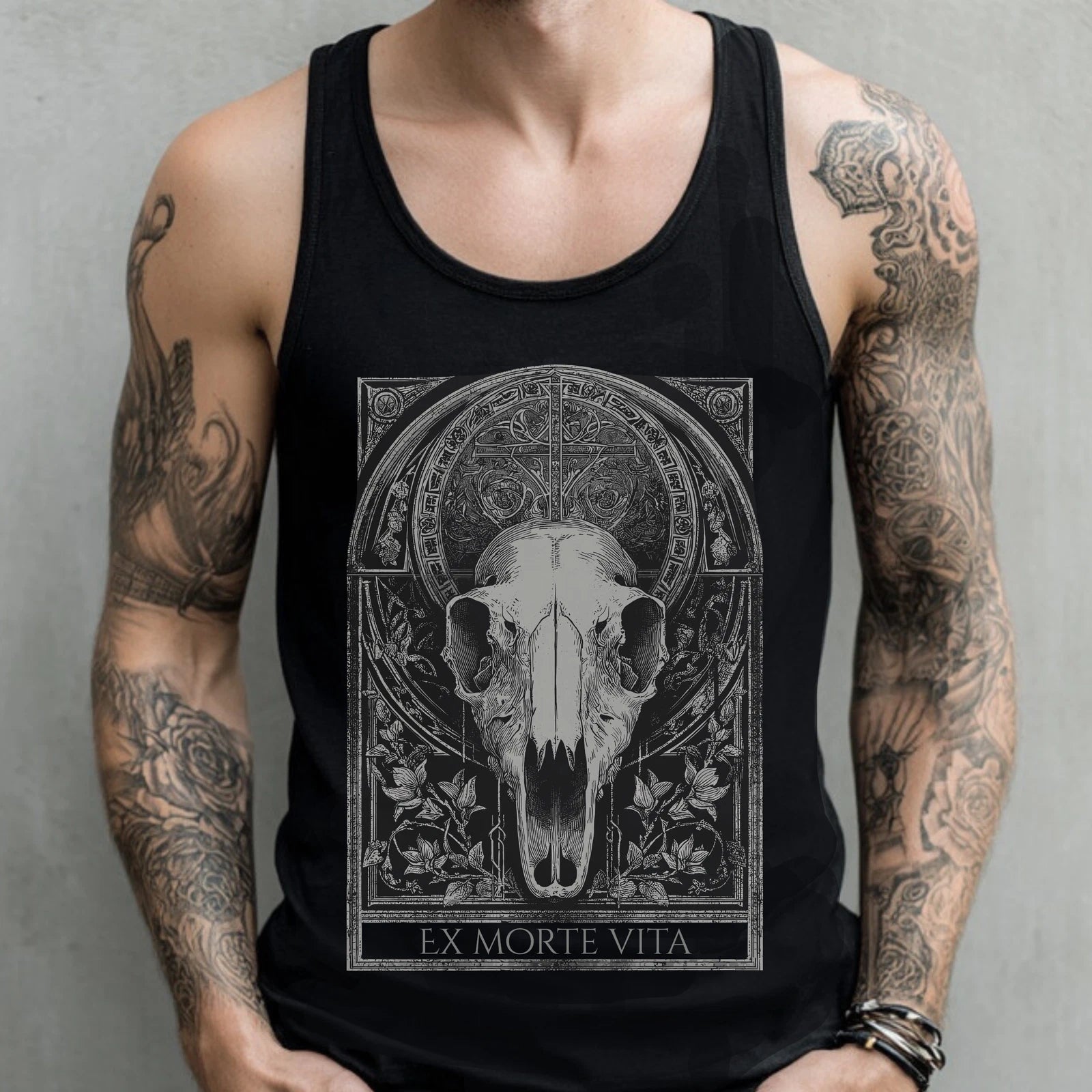 Occult Bull Skull Graphic Tank Top Alternative Goth Shirt Grunge Streetwear Top