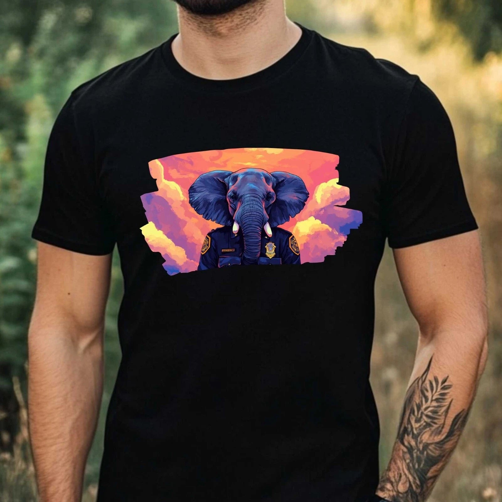 Mens Elephant as Policeman Motif Cotton T-Shirt Size XS to 5XL