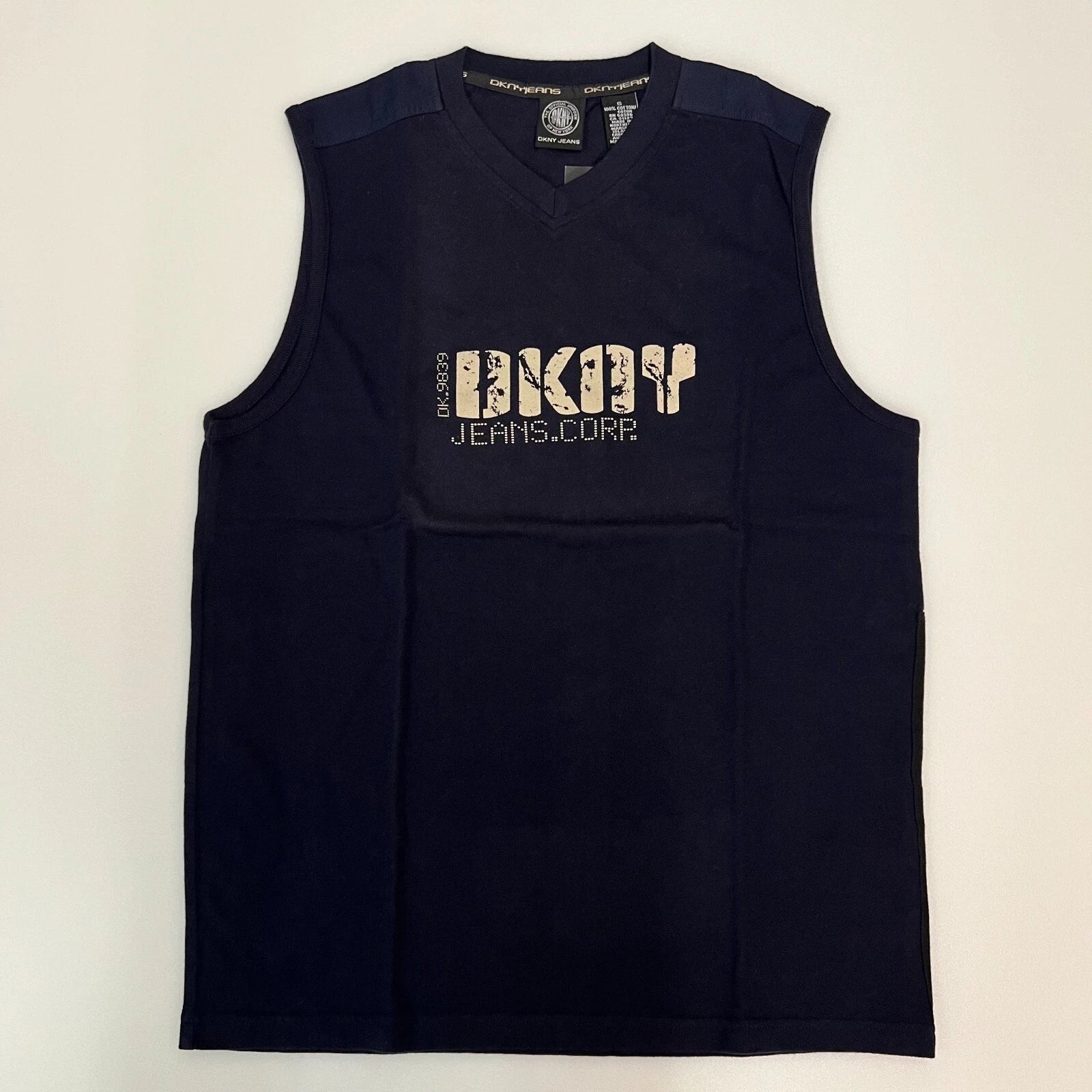 DKNY Jeans Muscle Tee Men S Navy Blue V-Neck Distressed Graphic Logo VTG NWT
