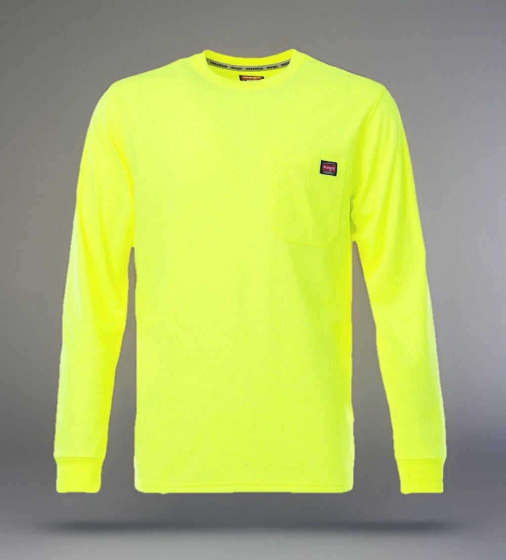 NEW Wrangler Workwear Men's Hi-Vis Yellow Long Sleeve Pocket T-Shirt Size XL