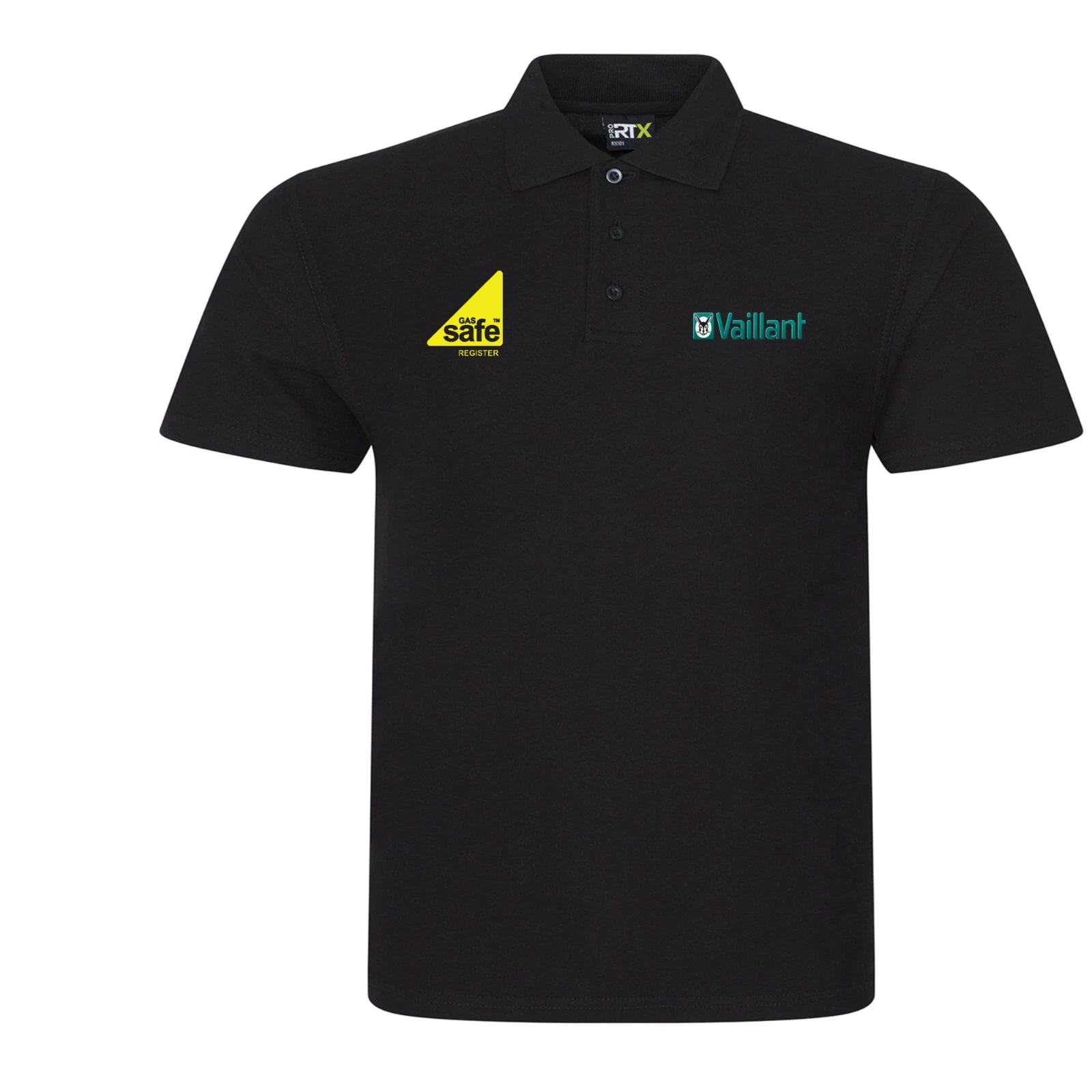 Embroidered Polo shirt plumber with gas safe logo and Vaillant logo opposite sid