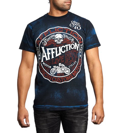 Affliction Men American Customs Shirt Motorcycle Skull Wings Cobalt Blue/Black