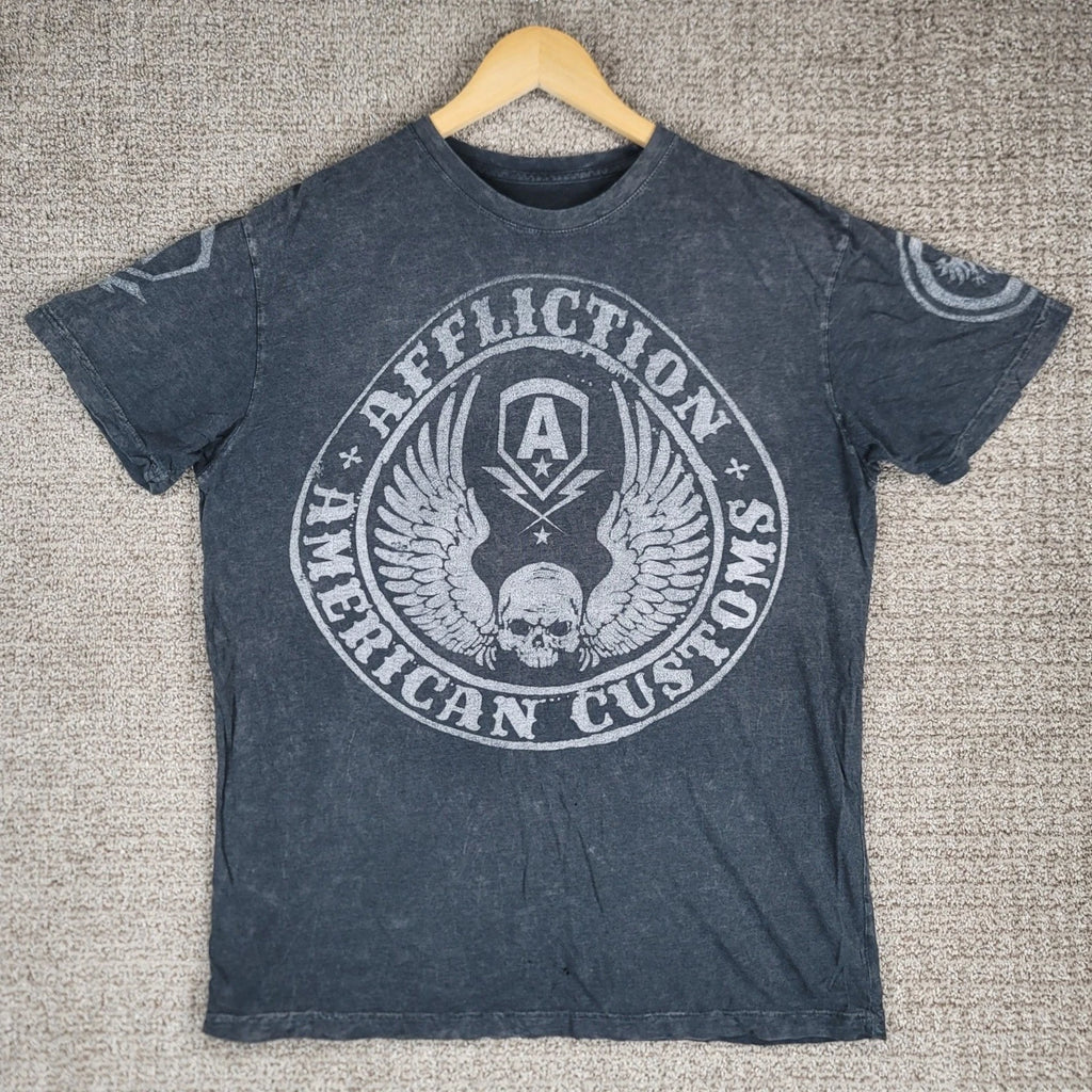 Affliction American Customs Flag Graphic T-Shirt Mens Large Gray Skull Wings