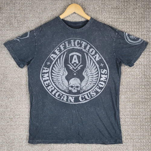 Affliction American Customs Flag Graphic T-Shirt Mens Large Gray Skull Wings