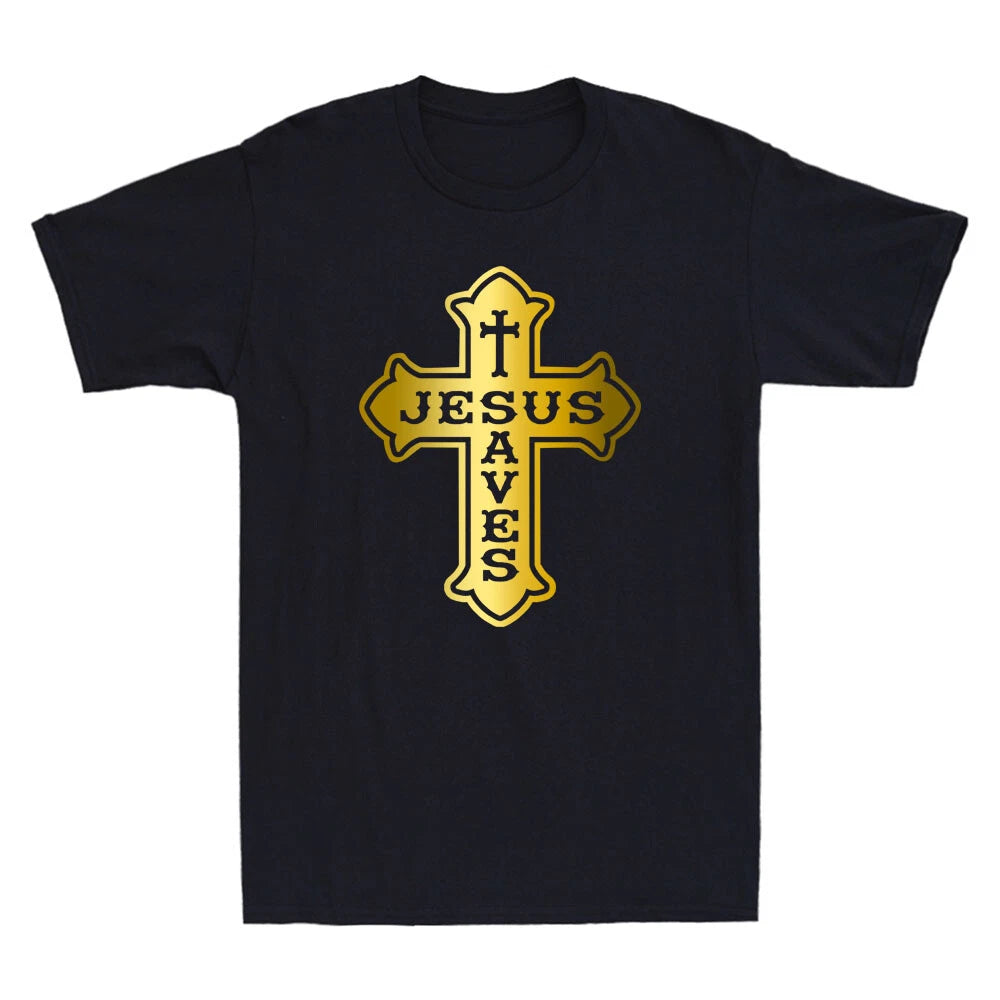 Jesus Christ Saves Christian Religious God Christianity Golden Print Men T-Shirt