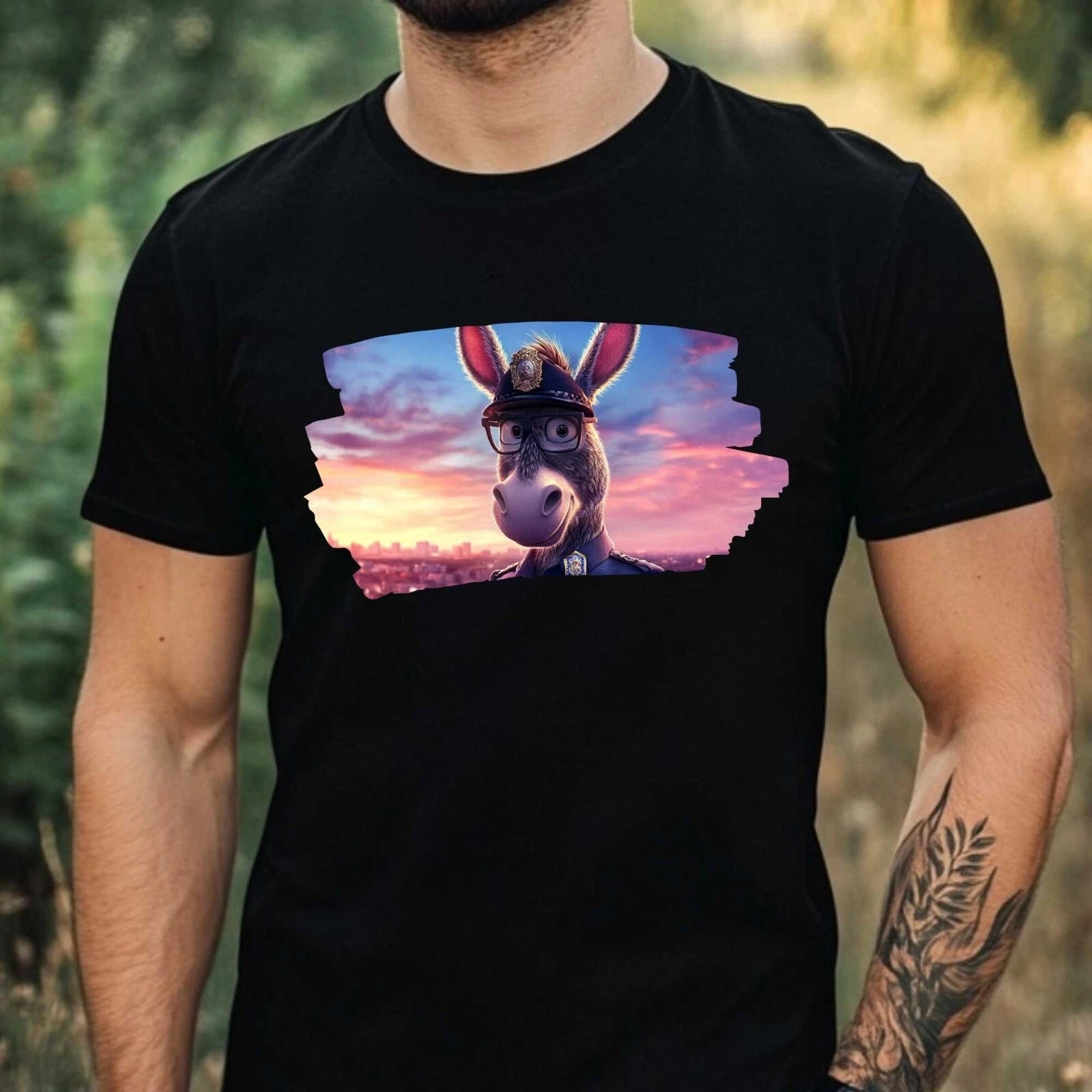 Men's Donkey as Policeman Motif Cotton T-Shirt Size XS to 5XL