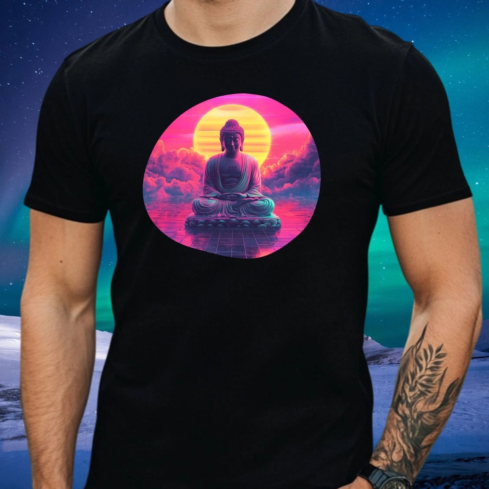 Mens Buddha 80s Vibes Motif Cotton T-Shirt Size XS to 5XL
