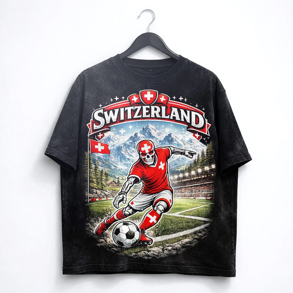 Switzerland Soccer Skull Washed T-Shirt Alpine Graphic Swiss Football Tee World
