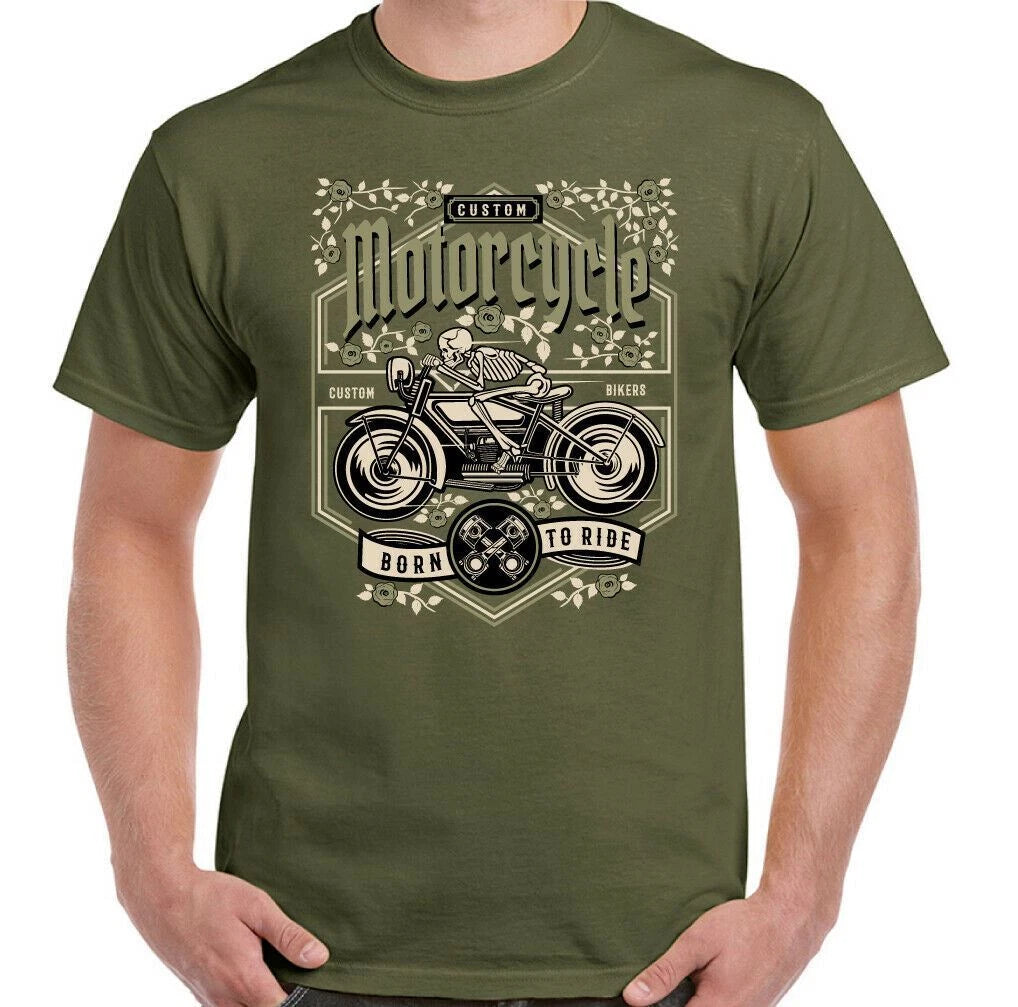 Custom Motorcycle T-Shirt Motorbike Mens Cafe Racer Skeleton Skull Biker