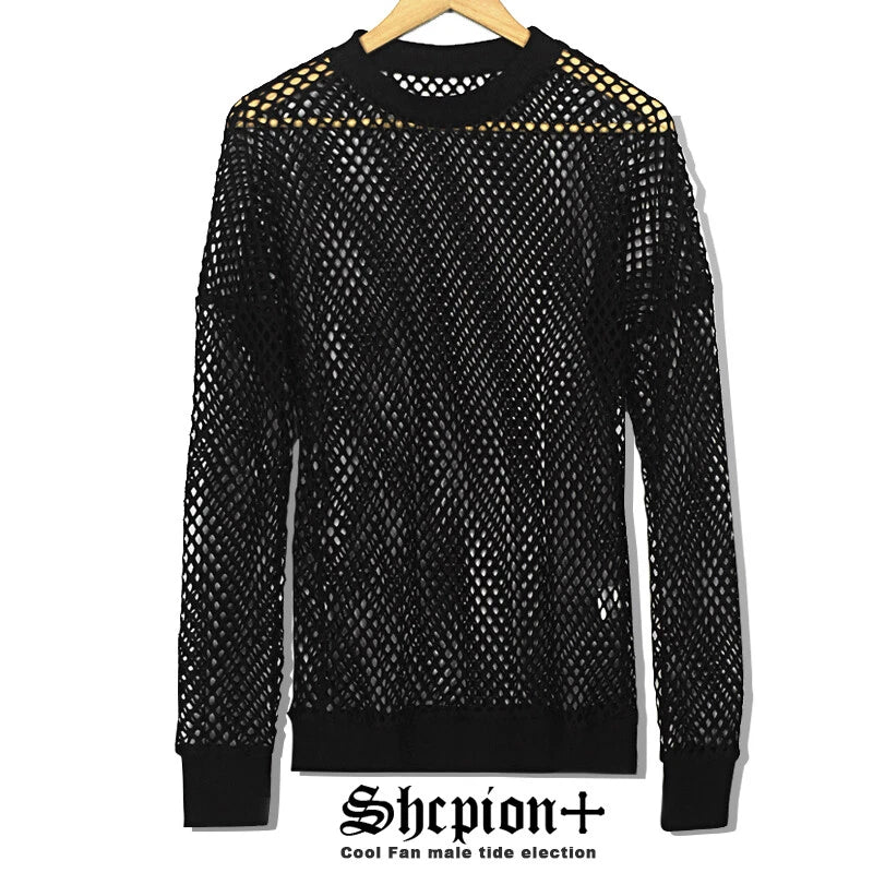 HOT Mens Long Sleeve Fishnet Mesh Sheer T-shirt Gothic Punk Stretchy Tee Shirt