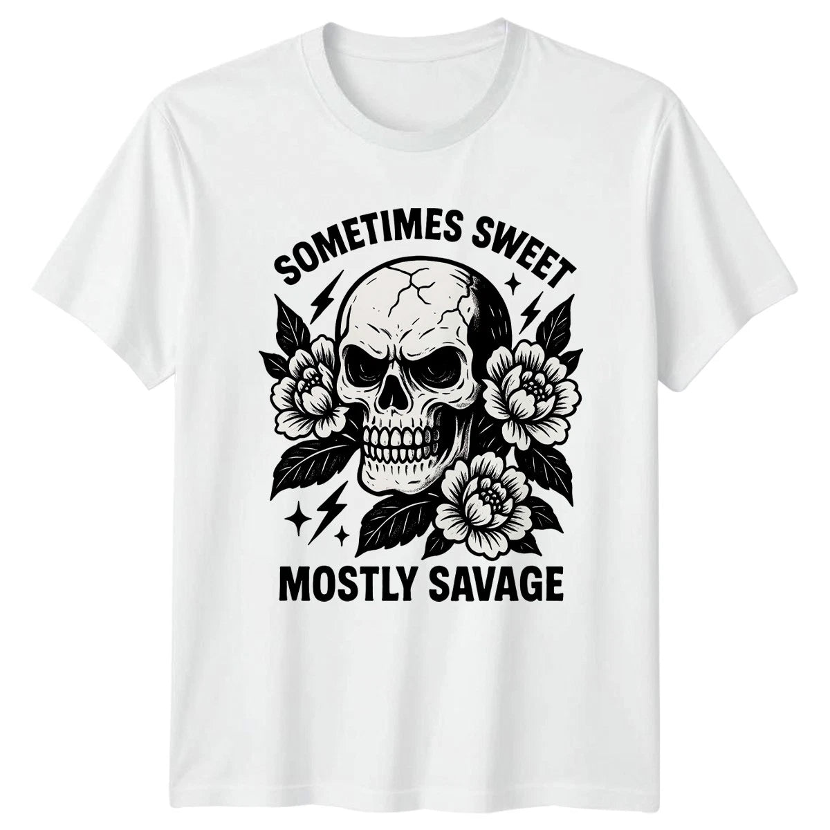 Sometimes Sweet Mostly Savage T-Shirt Skull Floral Gothic