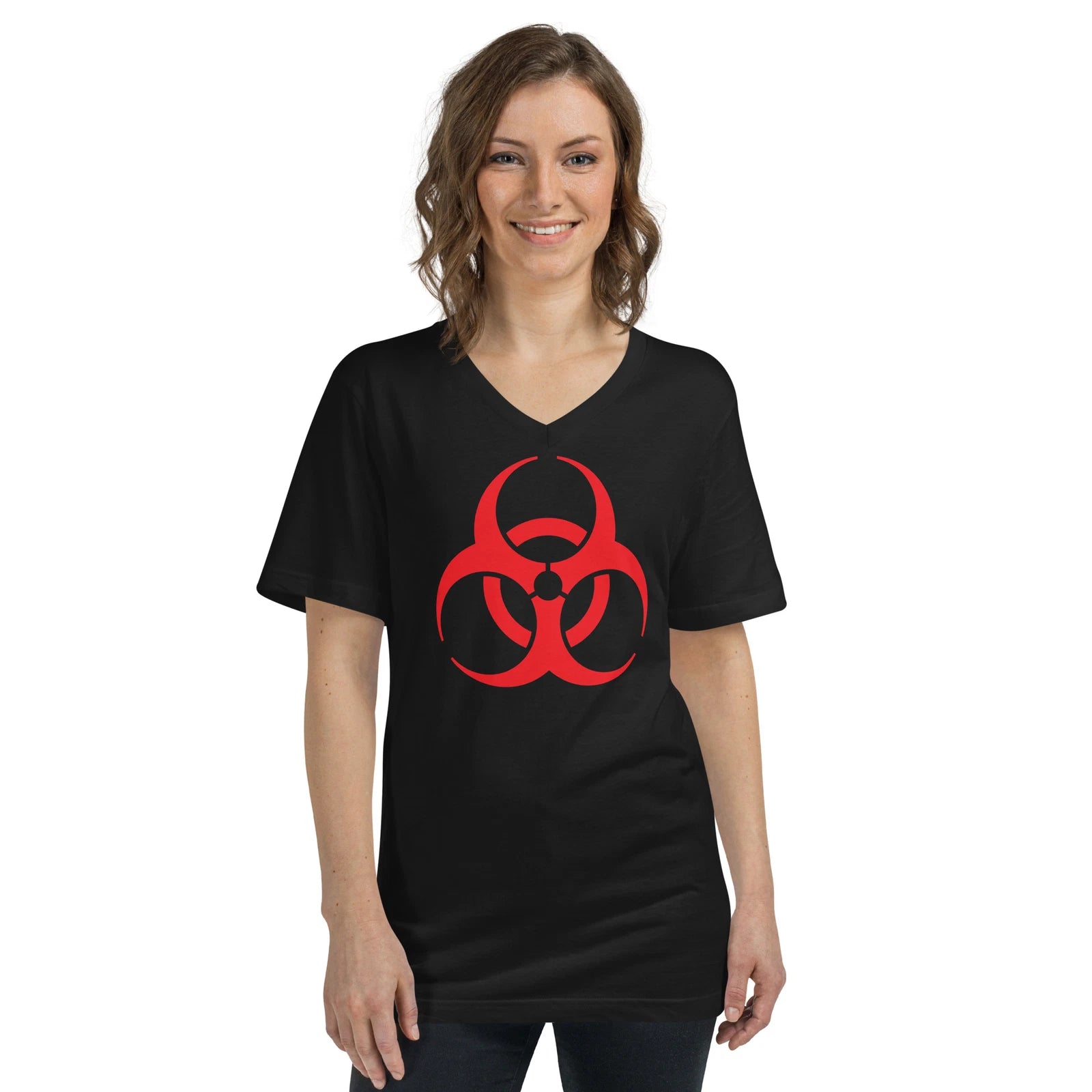 Red Biohazard Sign Toxic Chemical Symbol Unisex Short Sleeve V-Neck T-Shirt