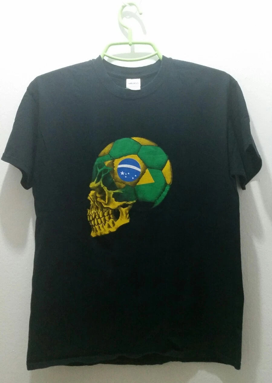 Unisex Soccer World Cup Brazil Skull Black T-Shirt Size L