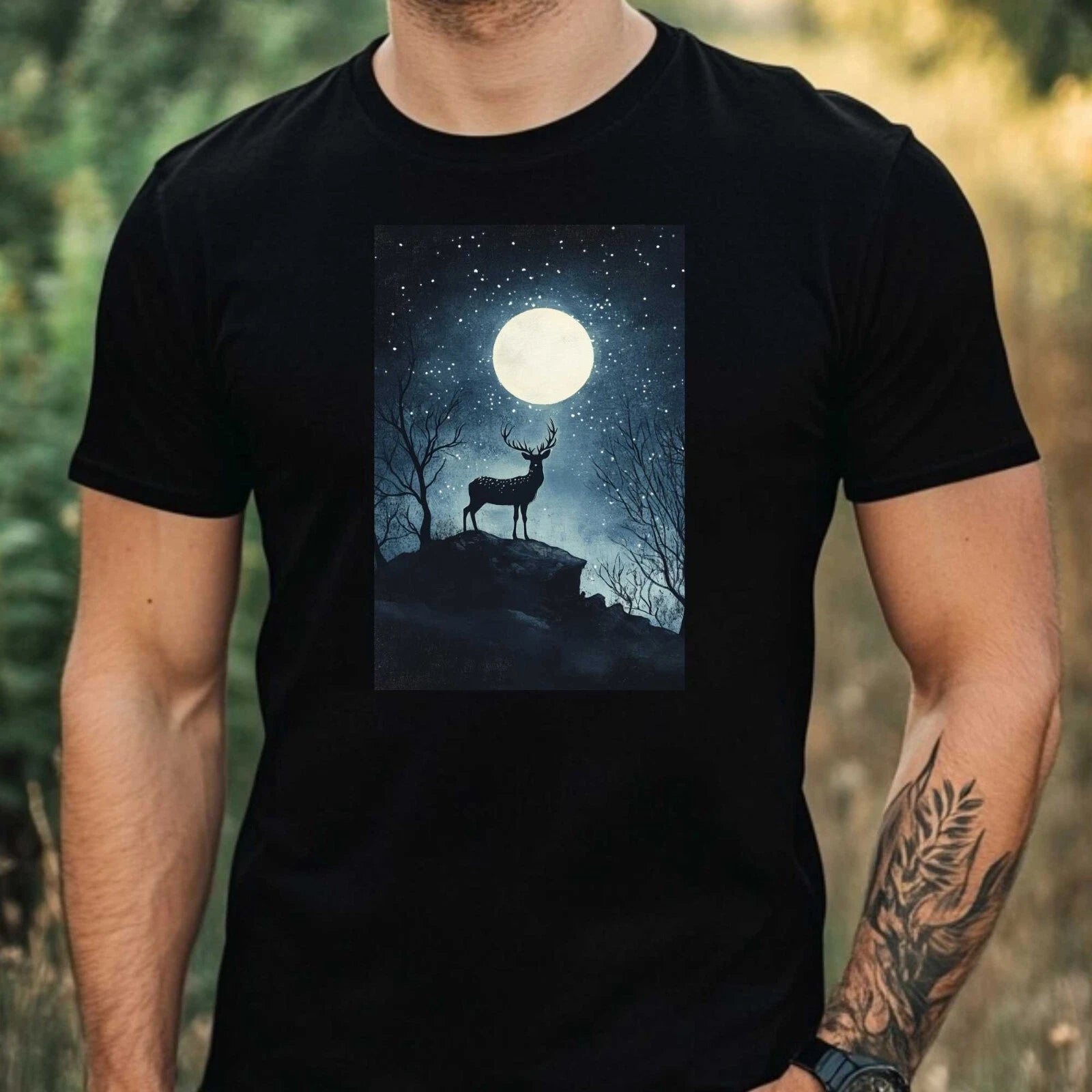 Mens Deer In The Moonlight Motif Cotton T-Shirt Size XS to 5XL