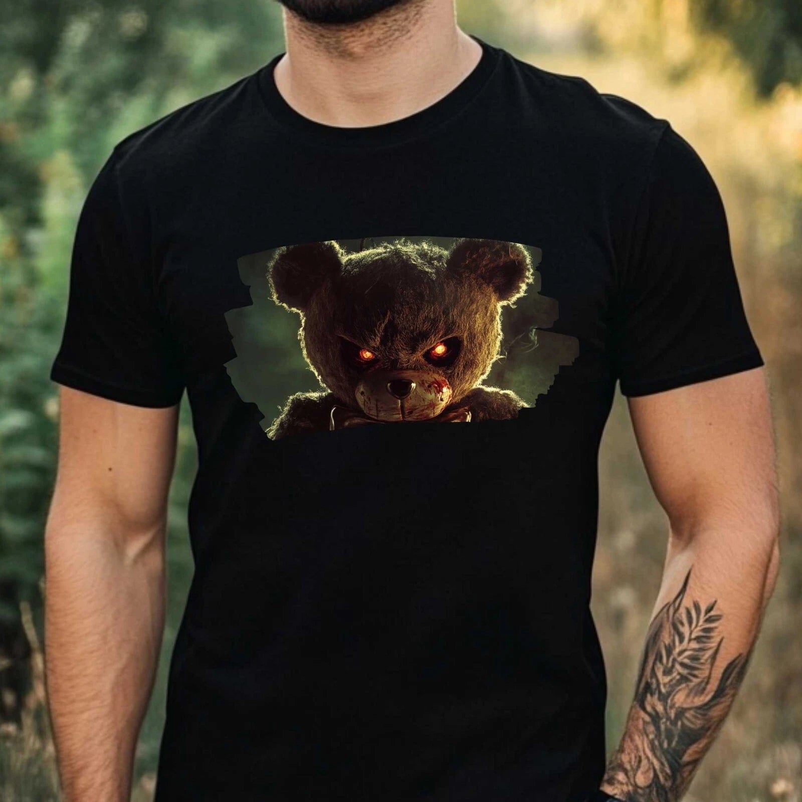 Mens Creepy Teddy Bear Print Cotton T-Shirt Size XS to 5XL