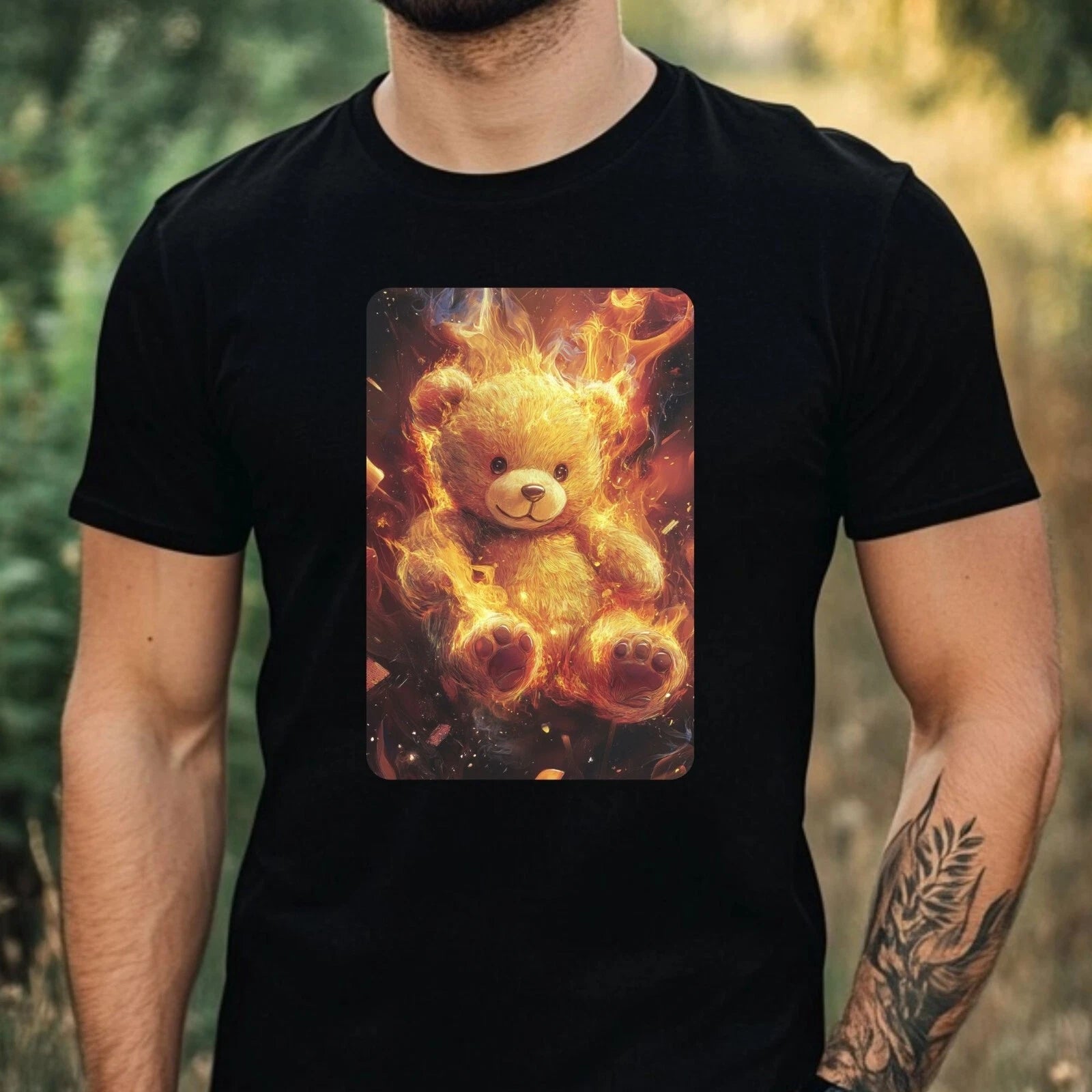 Mens Teddy Bear On Fire Motif Cotton T-Shirt Size XS to 5XL
