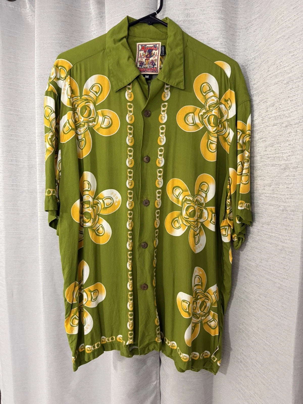 Mambo Loud  Men Shirt Size M Hawaiian Frangipani Jim Mitchel Mombassa Green