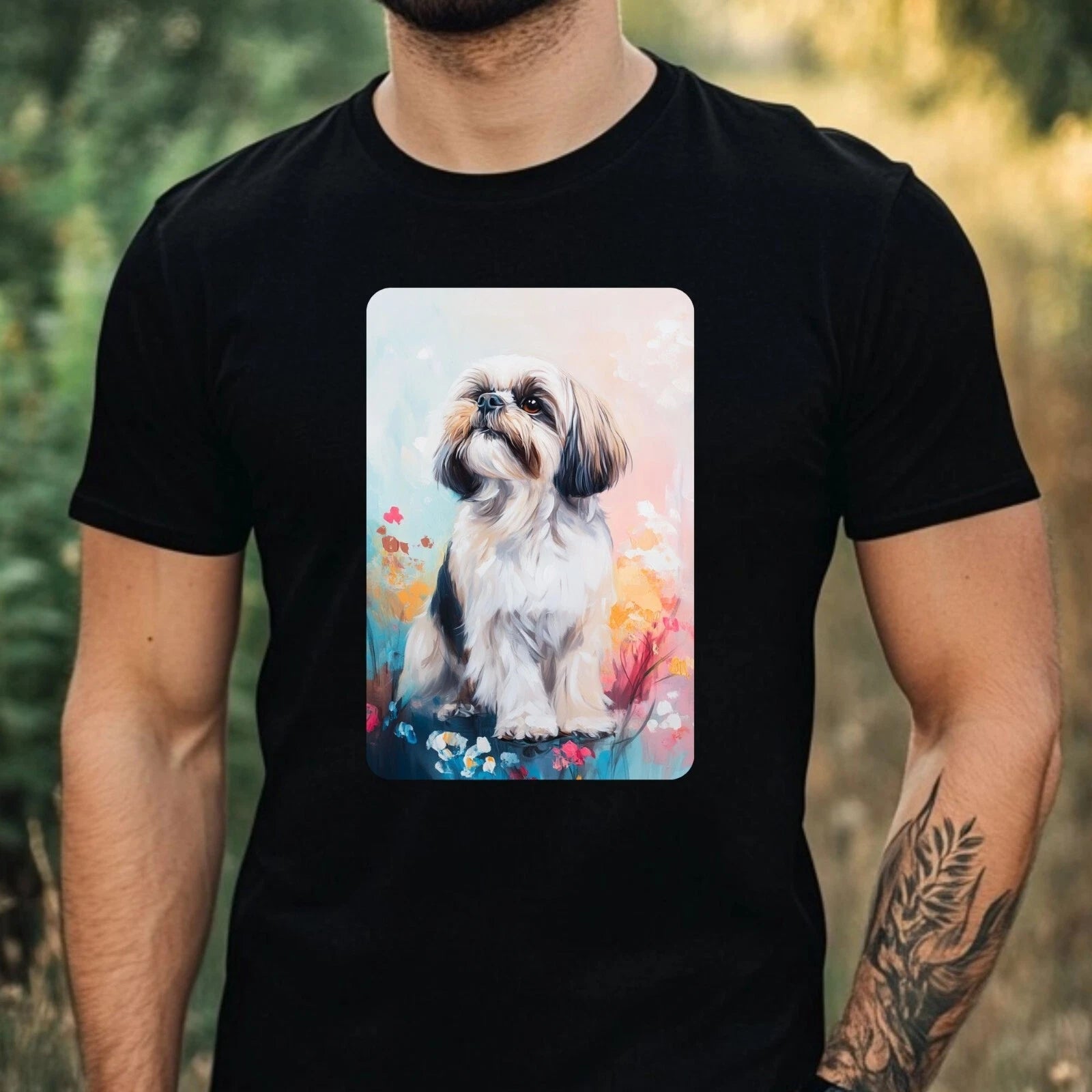 Men's Shih Tzu Dog Painting Portrait Motif Cotton T-Shirt Size XS to 5XL