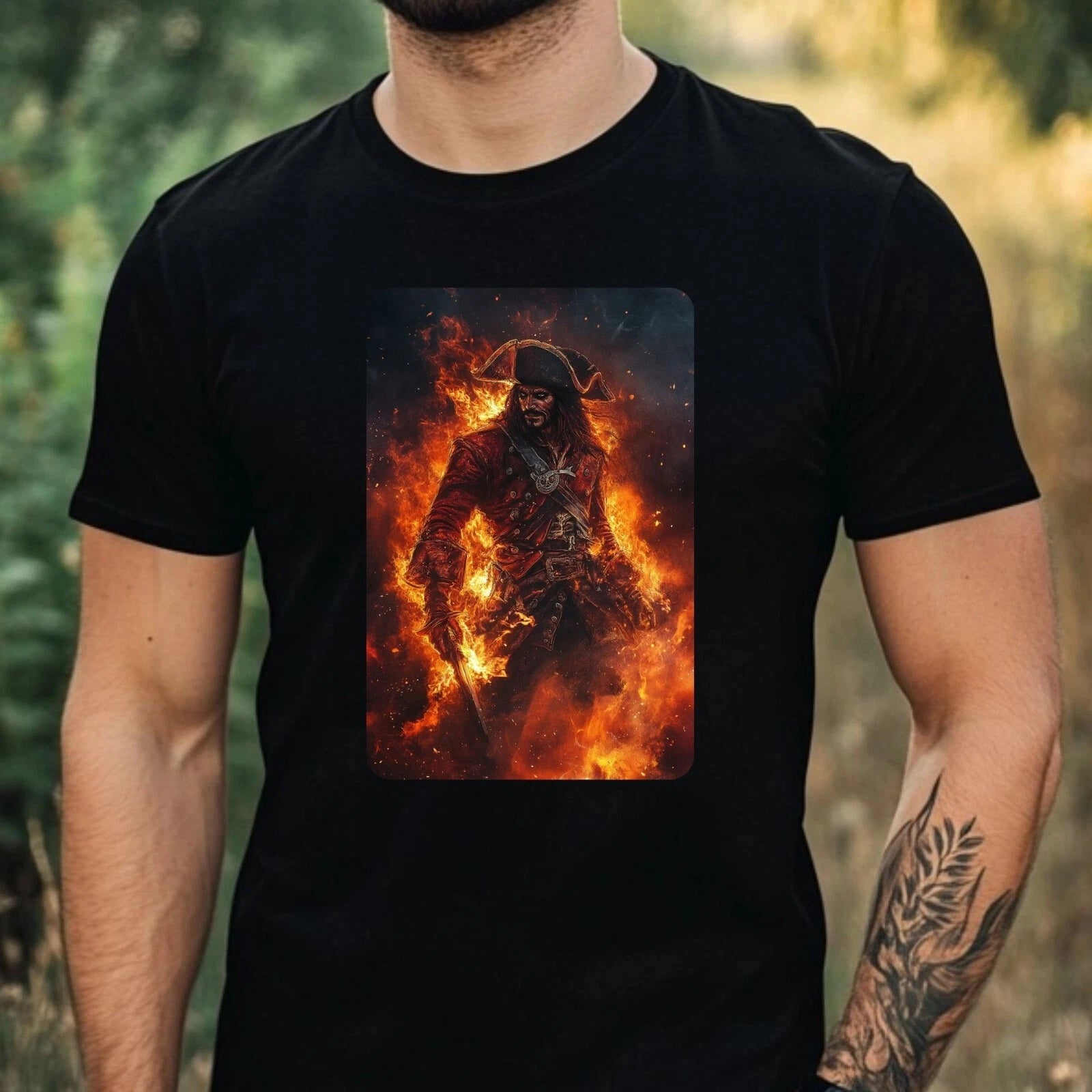 Mens Pirate on Fire Motif Cotton T-Shirt Size XS to 5XL