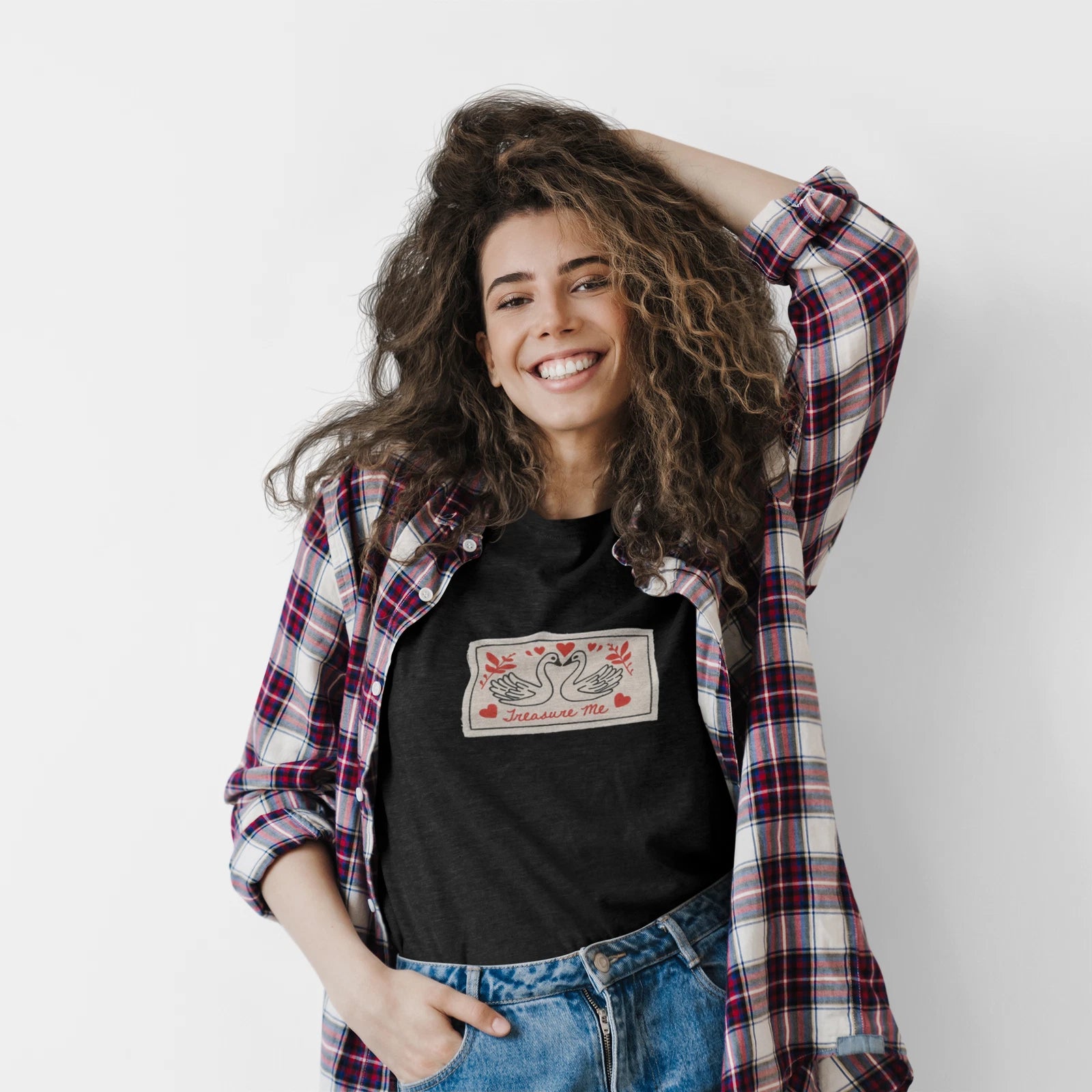 Treasure Me Swan Embroidered-Like Applique Graphic Tee,Minimalist Swan Heart Top