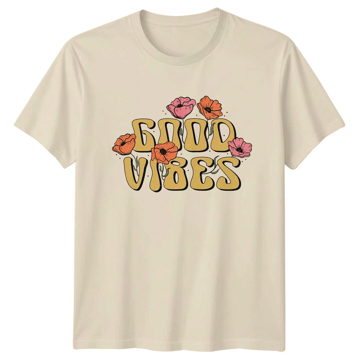 Good Vibes Floral Retro Boho T-Shirt, Vintage Style, Text Tee